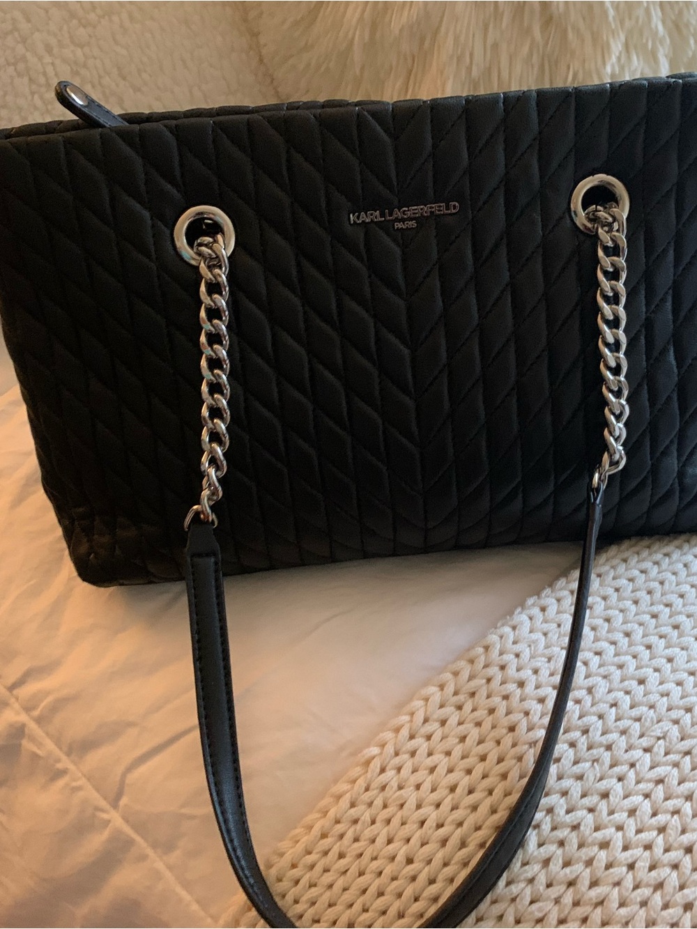 Karl Lagerfeld Black Quilted Chevron Tote with Chain Straps - Picture 8 of 16